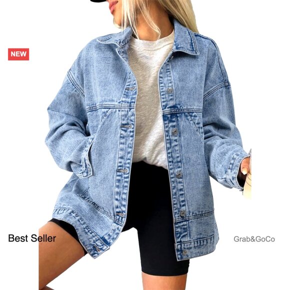 Denim Jacket Classic Drop Shoulder Casual Button Front Jean Coat Pockets